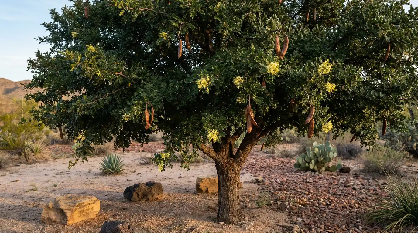 texas ebony with dark glossy leaves thorny zigzag branches yellow flowers and brown seedpods