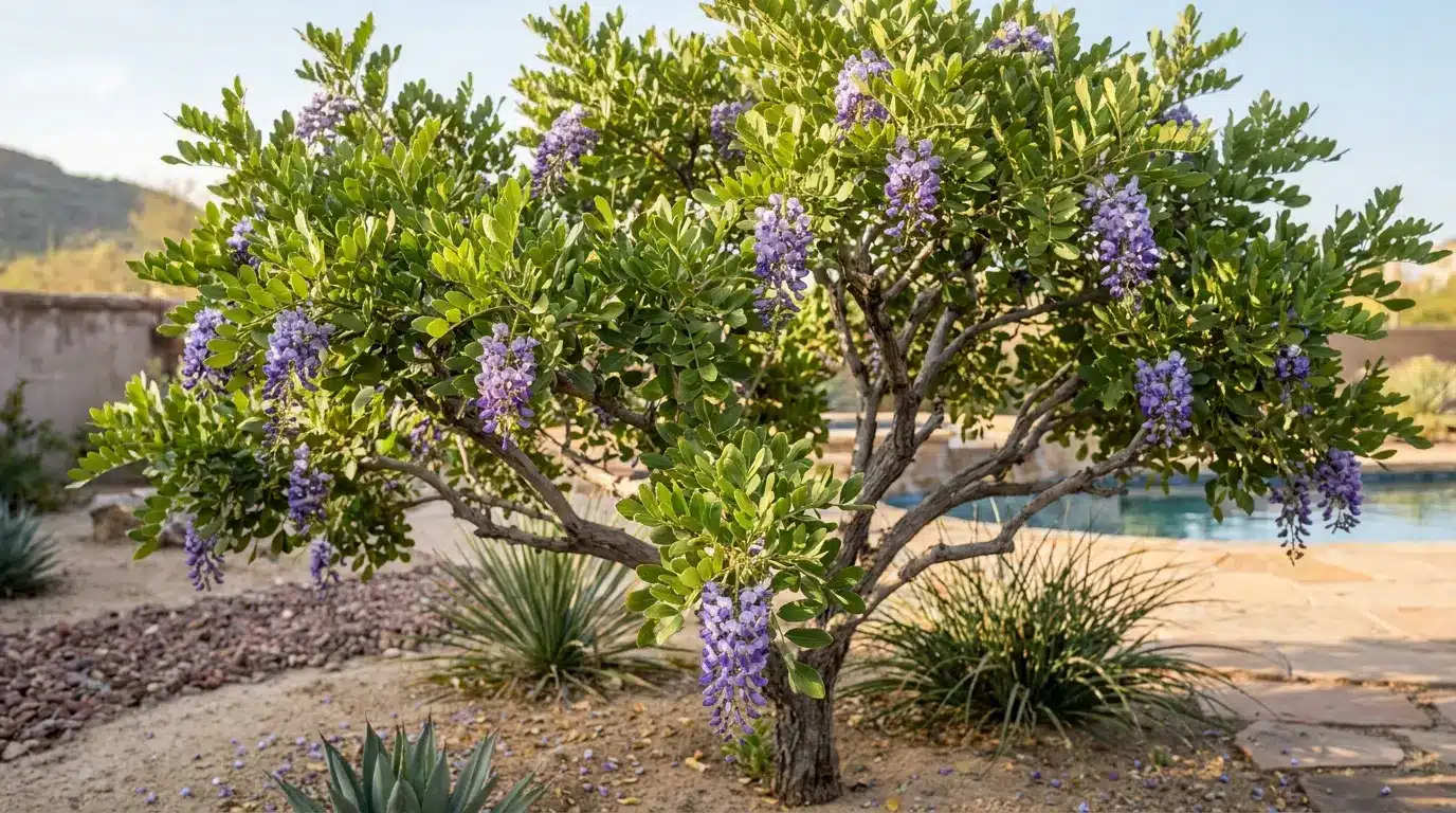 texas mountain laurel with dense green leaves purple flower clusters and curved tan seedpods