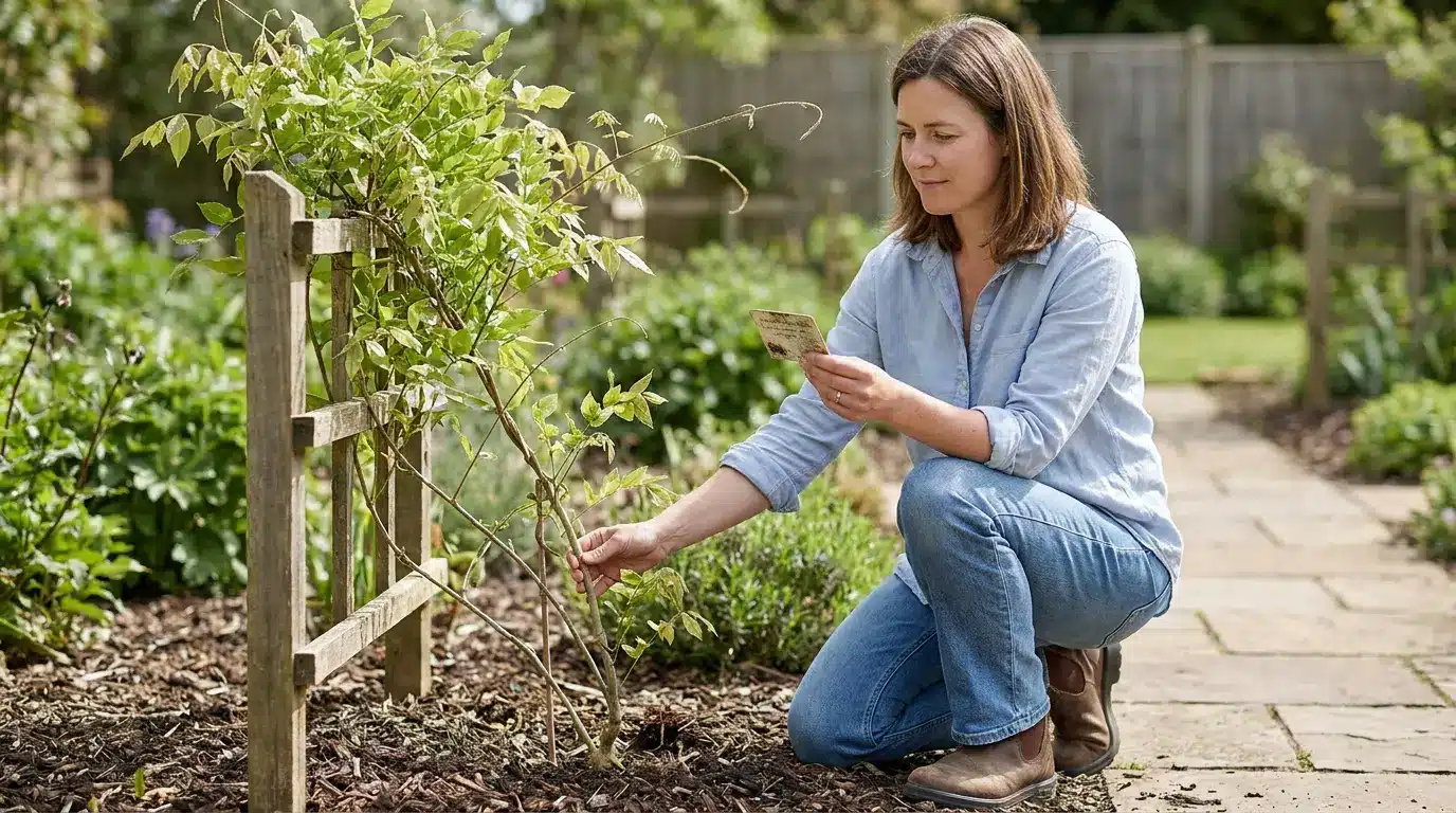 woman checking a young leafy wisteria plant and reading its label beside a small wooden trellis