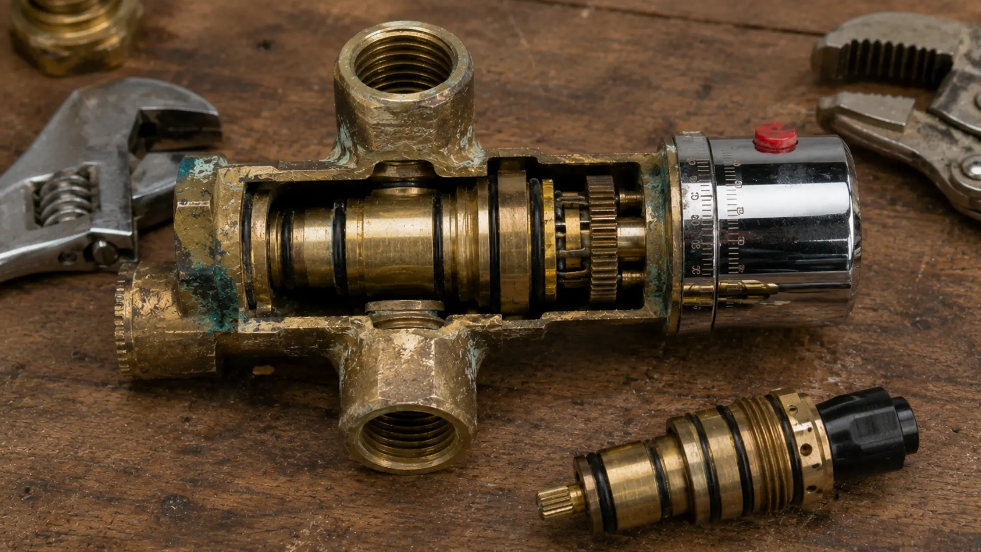 thermostatic shower valve with exposed cartridge and temperature controls