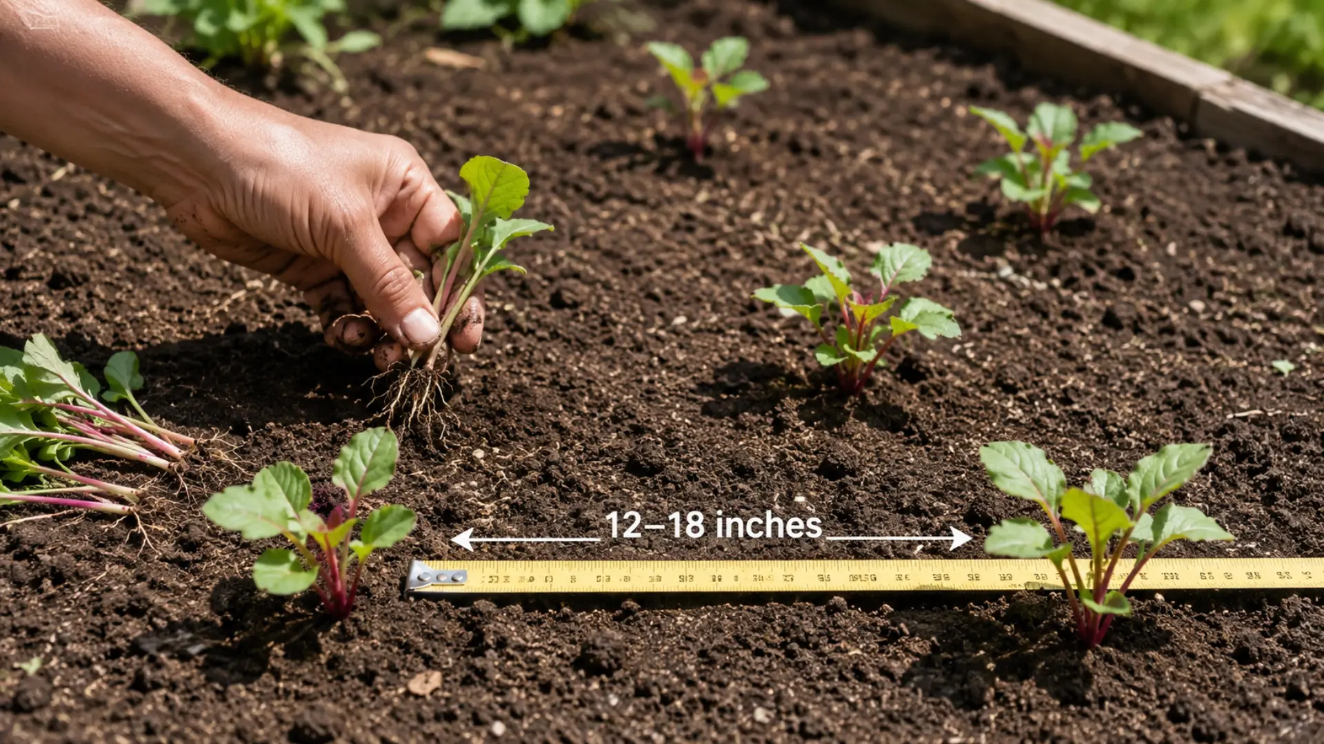 gardener thins young amaranth seedlings and measures spacing between plants in a raised garden bed