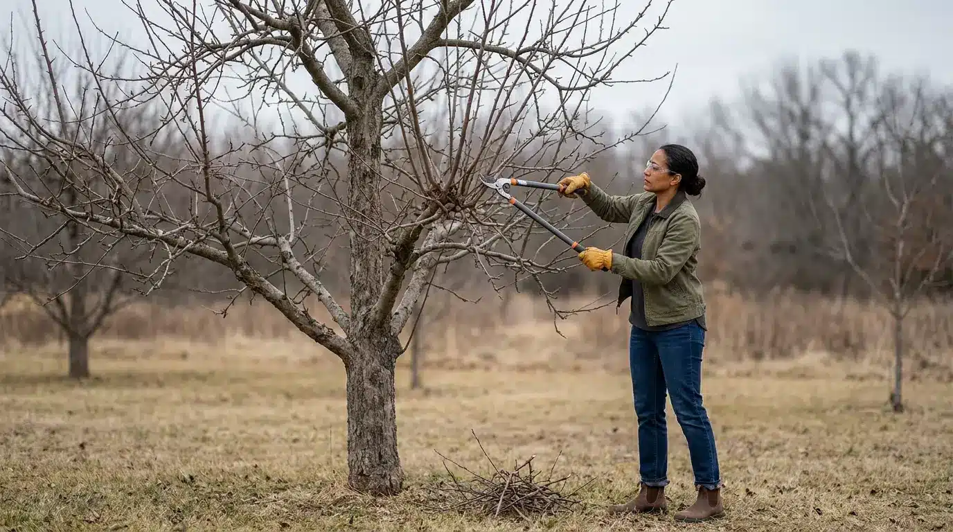 woman using long handled loppers to thin crowded branches from a mature leafless apple tree