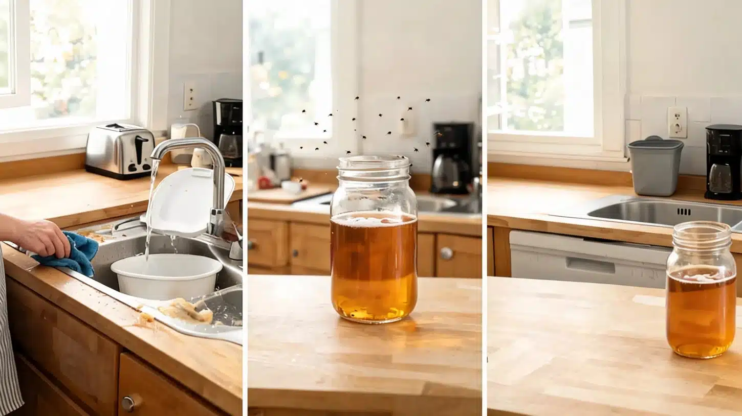 this kitchen cleanup scene shows where do fruit flies come from and how cleaning, traps, and upkeep help remove them