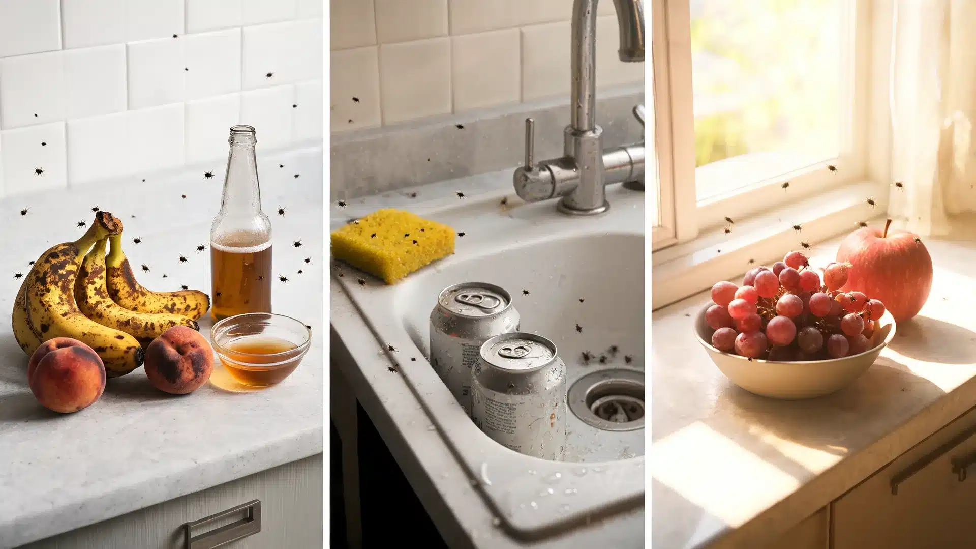 this kitchen scene shows where do fruit flies come from, including fermenting fruit, damp sinks, sticky cans, and warmth