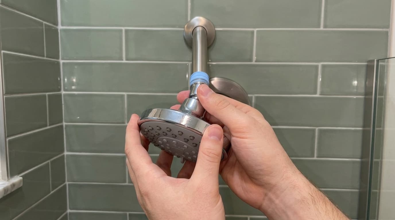 bare hands screwing a chrome shower head onto a pipe with blue plumber's tape against green tiles