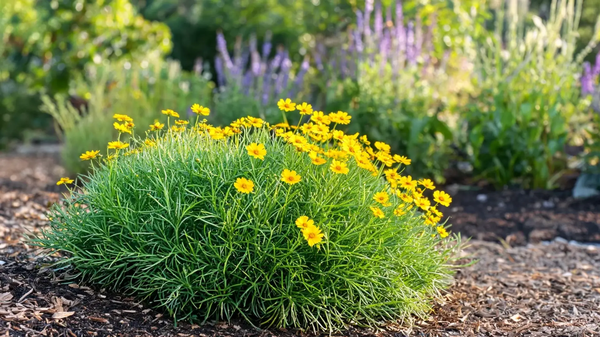 threadleaf coreopsis with delicate feathery foliage and bright yellow daisy like summer flowers