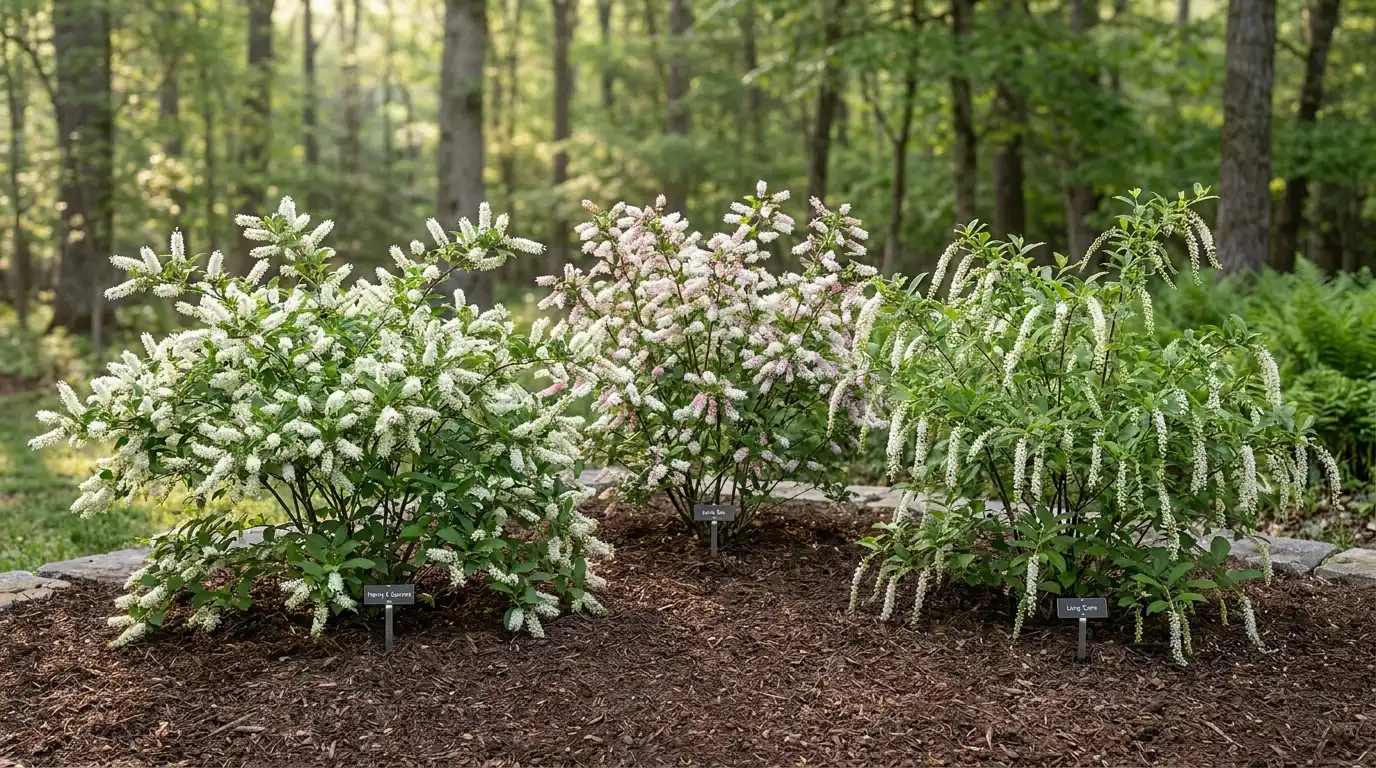 three full size virginia sweetspire cultivars spaced apart in a woodland garden with labeled plant markers