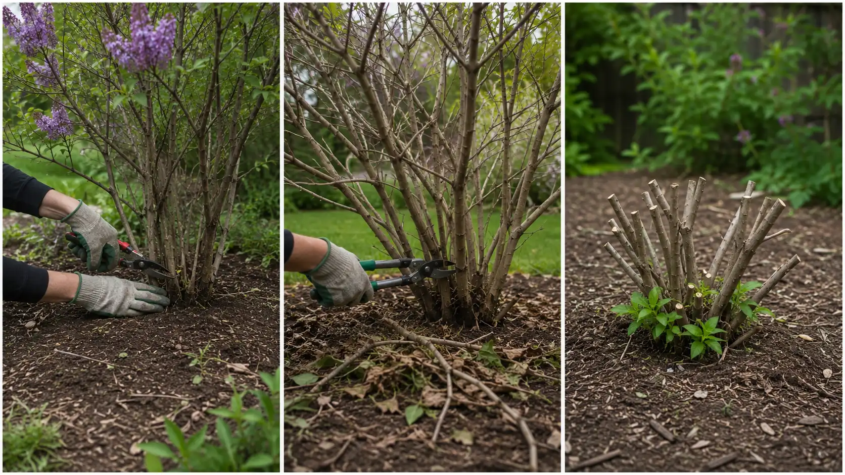 three-panel image about when to prune lilacs, gradual renewal, renovation, and ground-level cutting for overgrown shrubs