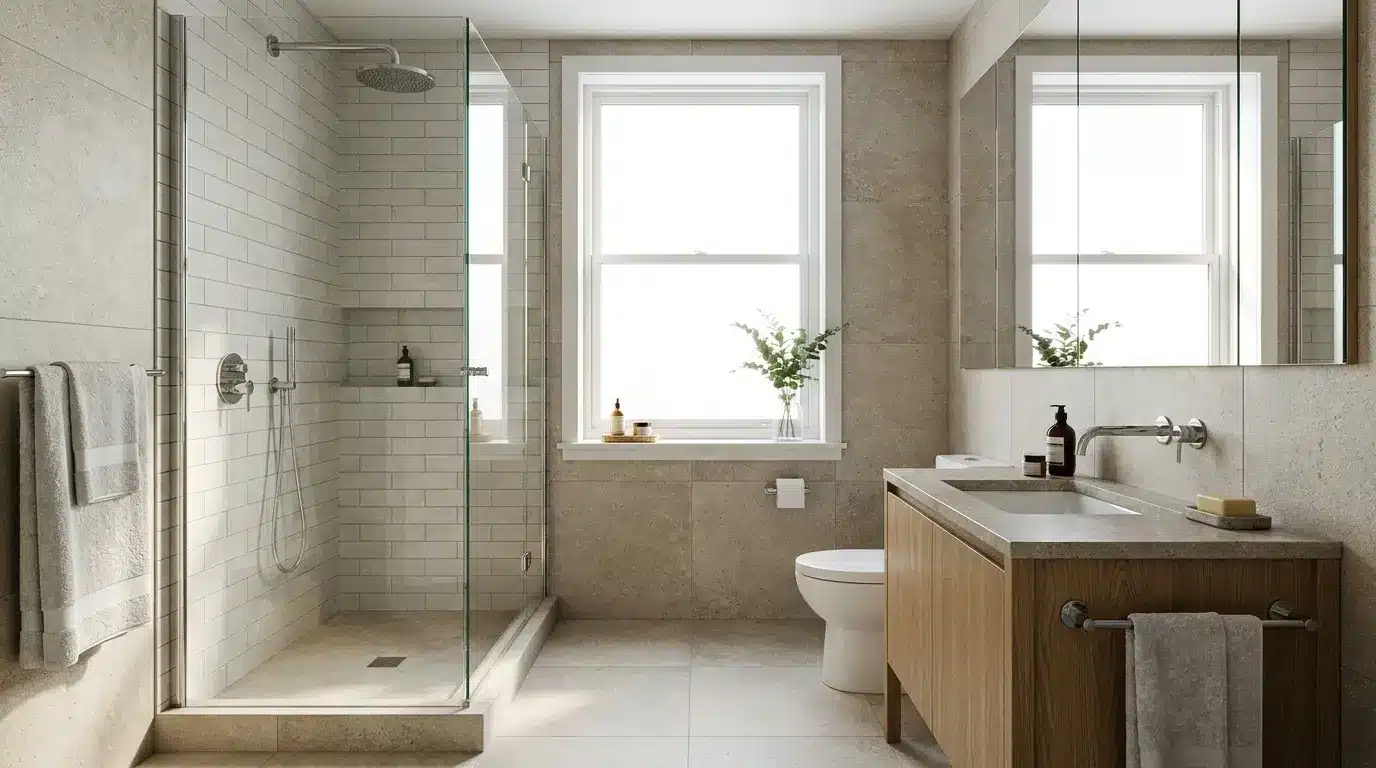 three quarter bathroom with glass shower toilet vanity and clear dry standing area
