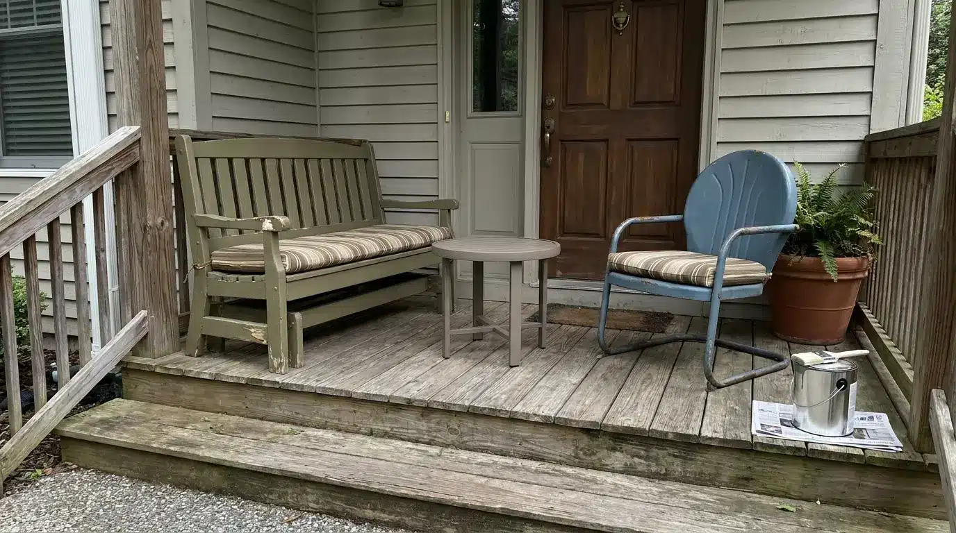 thrifted mismatched porch bench blue metal chair small table and paint can
