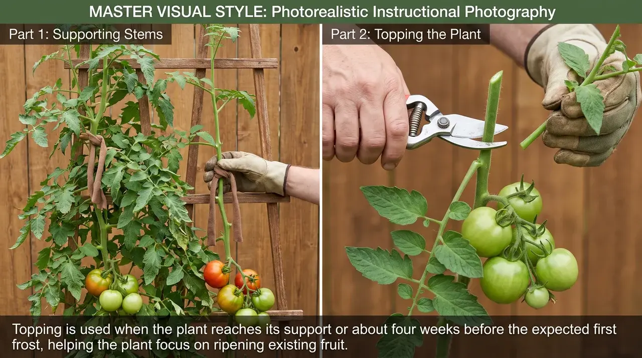 gardener tying new tomato plant growth to a wooden garden stake to support upward vine growth