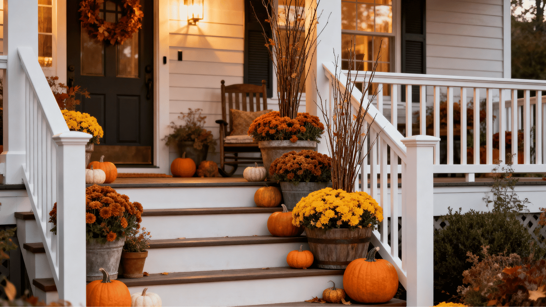 tiered staircase decorated with mums, pumpkins, and tall branches for a cozy autumn porch arrangement.