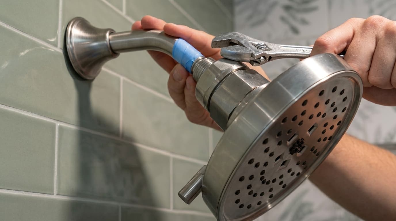 person tightening a silver shower head with a wrench on green subway tile, blue tape on pipe