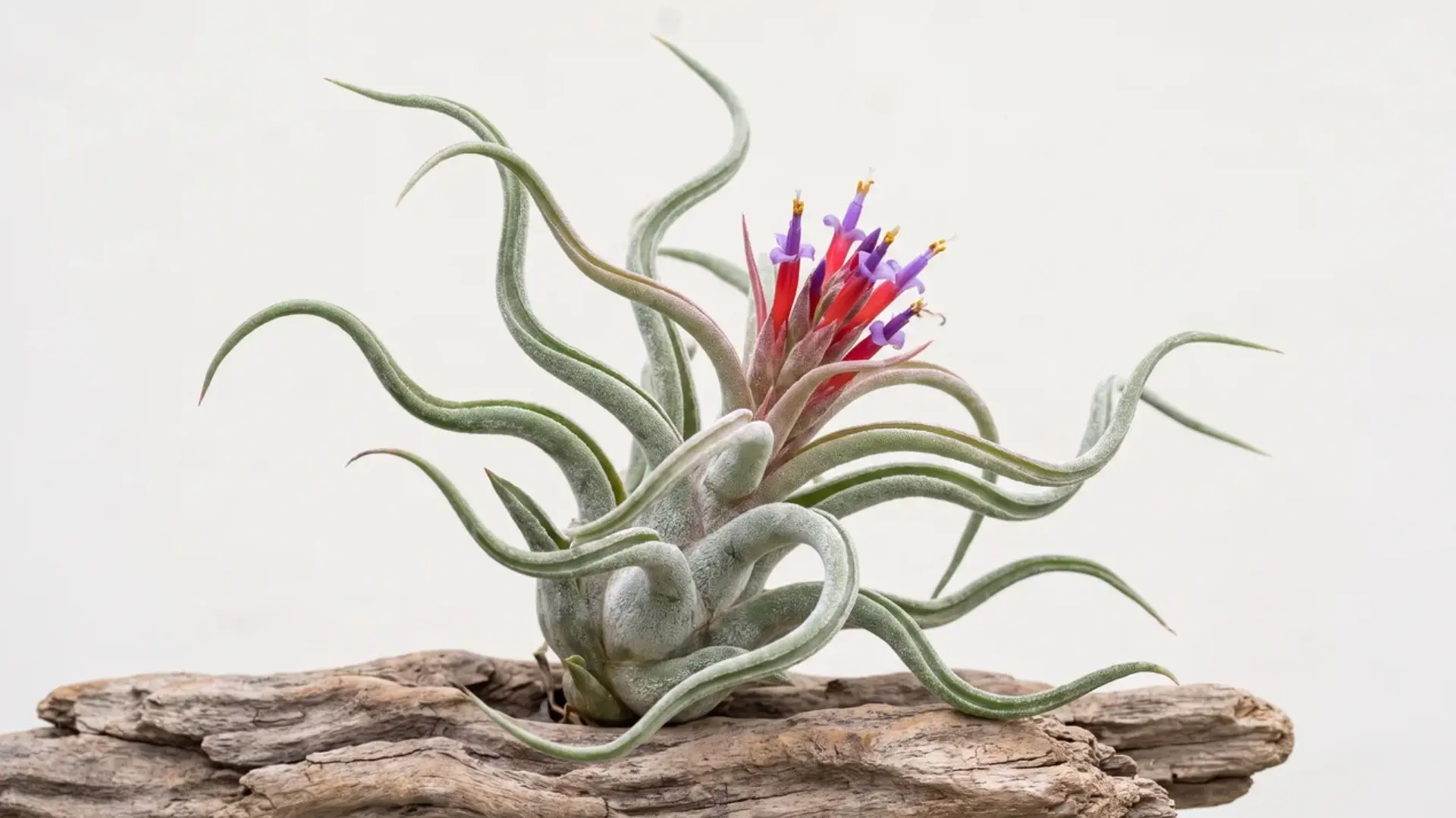 tillandsia caput-medusae with curling silver leaves and red-purple flowers spread across driftwood
