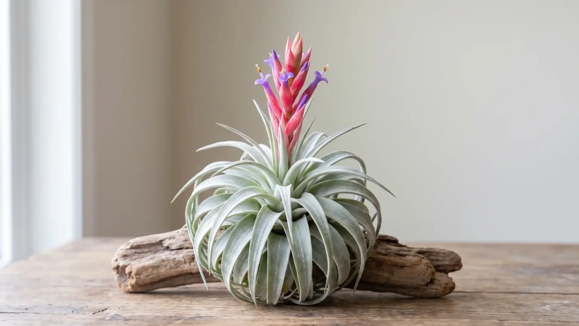 tillandsia chiapensis with curled silver leaves and a tall pink flower spike displayed on rustic wood