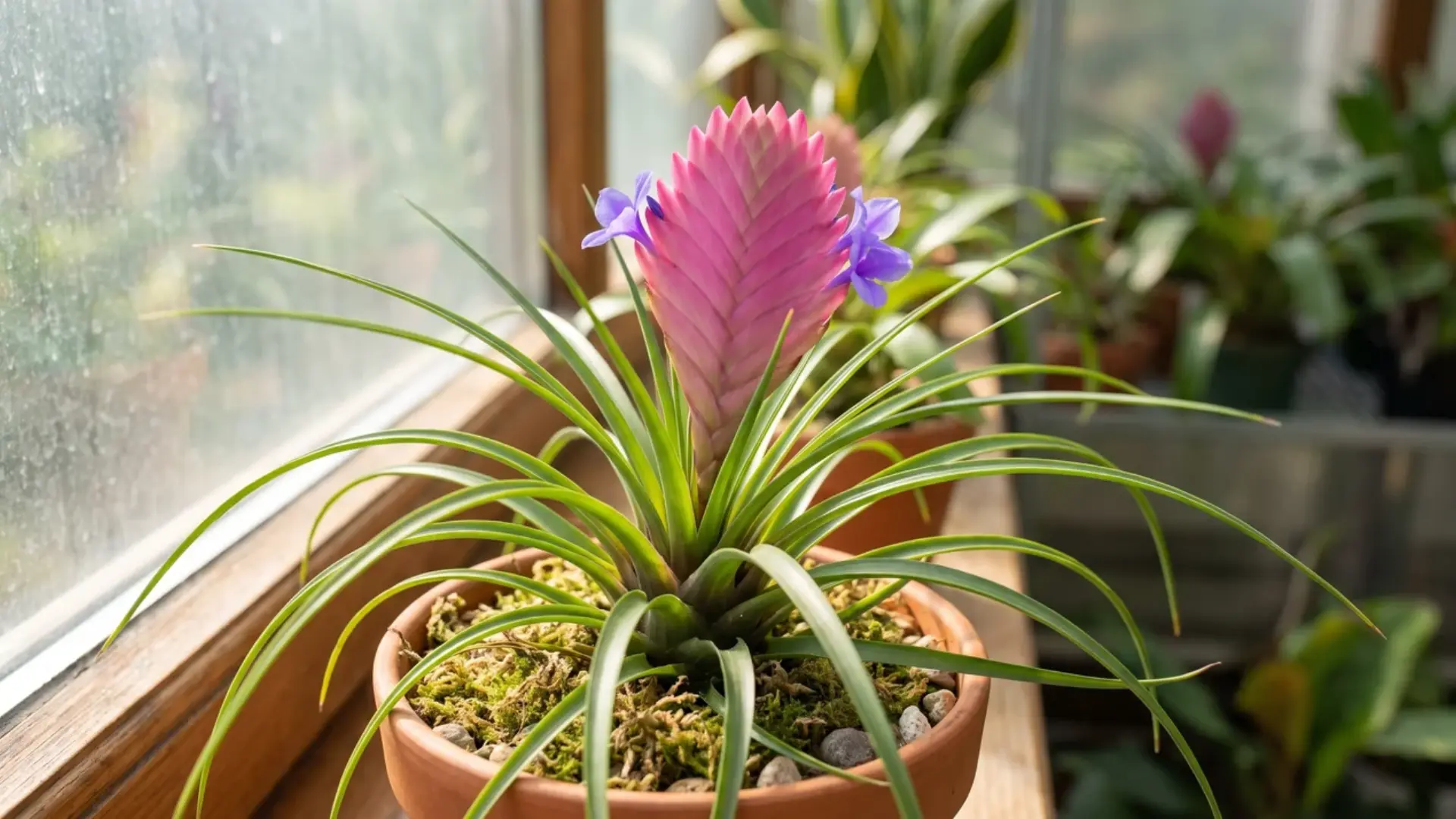 pink quill plant in a terracotta pot with long green leaves and a bright pink flower spike by a window
