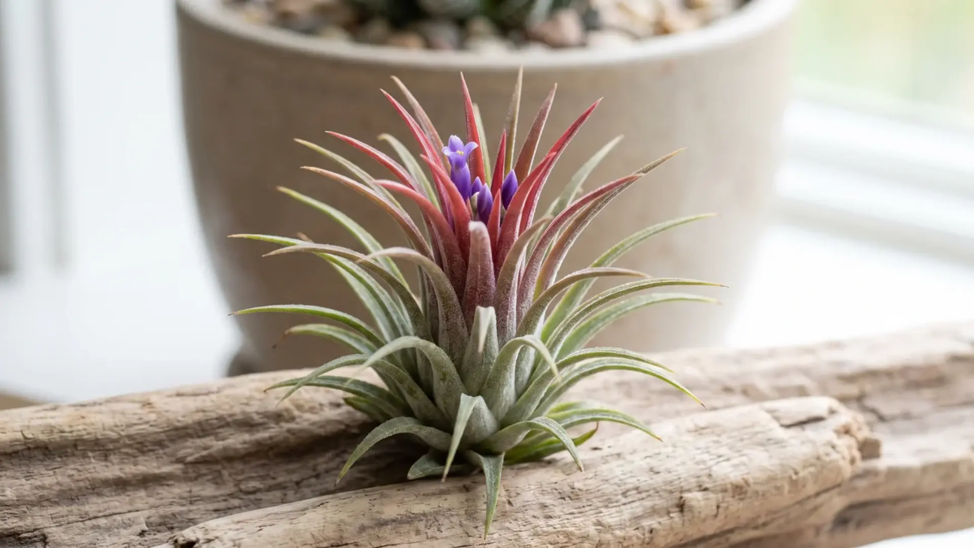 tillandsia ionantha sky plant with red-tipped leaves and purple flowers resting on weathered driftwood