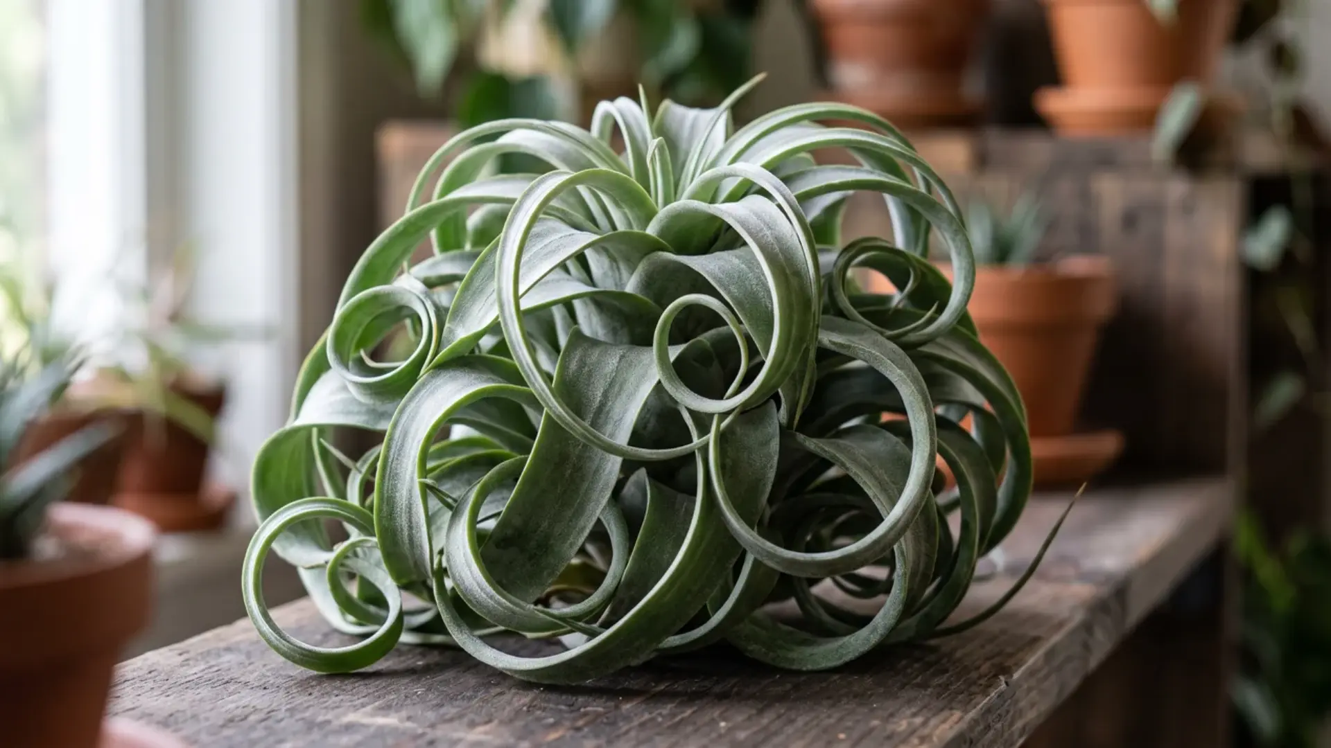 tillandsia streptophylla forming a dense ball of looping silver-green leaves on a wooden shelf