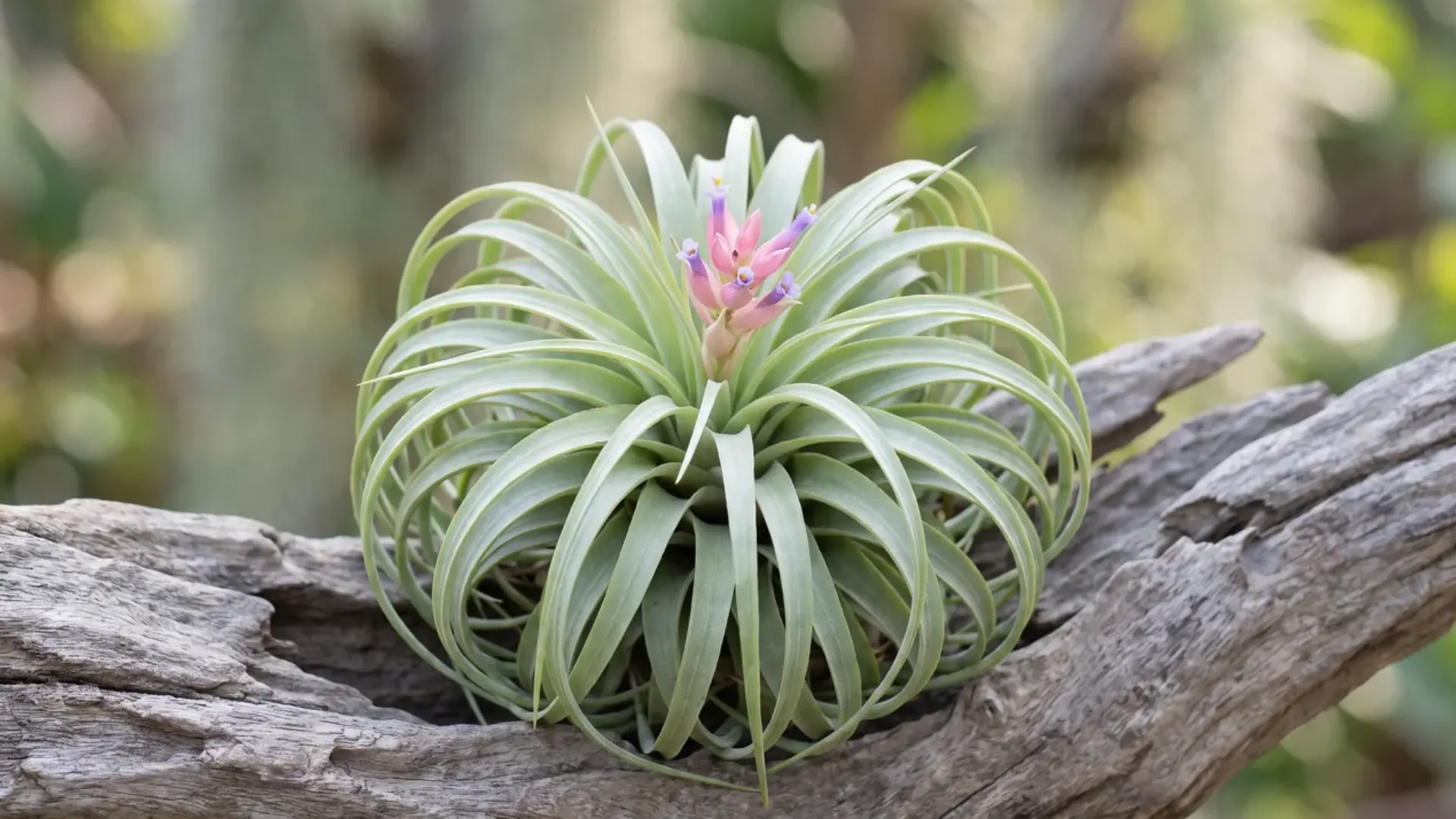 tillandsia stricta with arching silver-green leaves and a small pink-purple flower nestled on driftwood