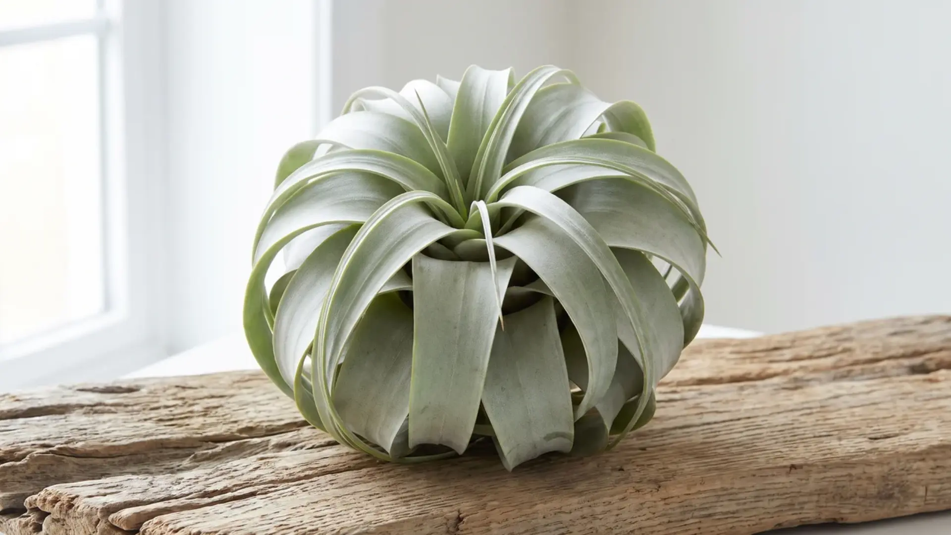 tillandsia xerographica with broad curling silver-green leaves resting on a rustic wooden table