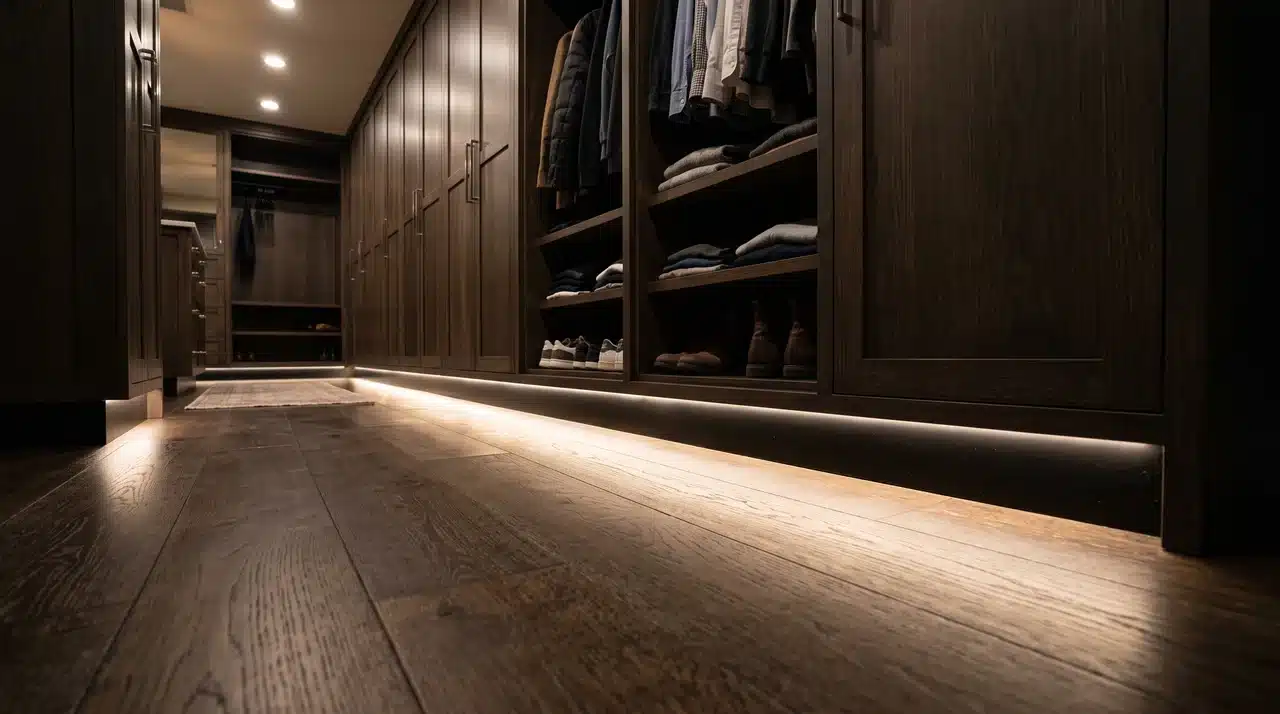 toe kick lighting along dark wood cabinets illuminating a walk in closet floor