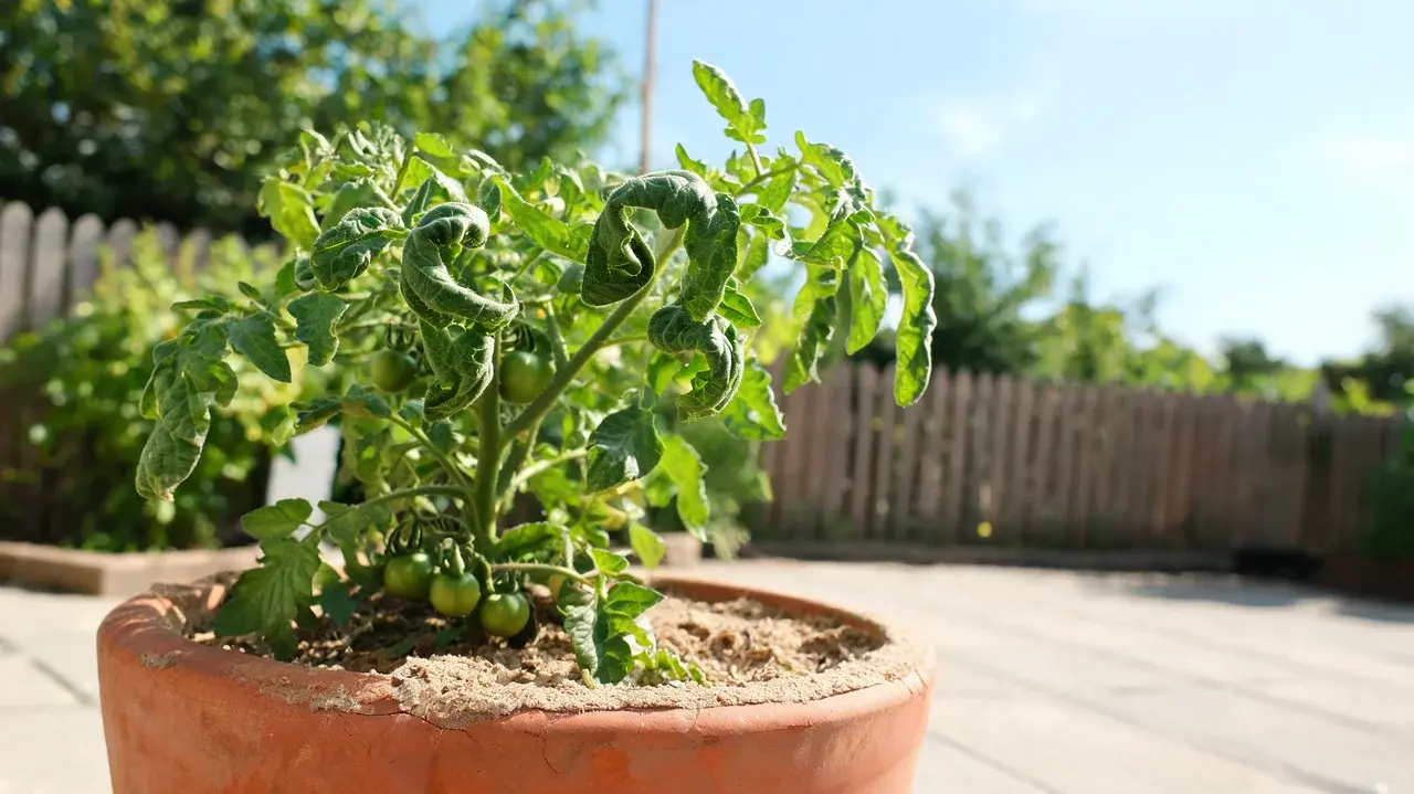 tomato leaves curling during strong summer heat and direct sunlight in a hot garden setting