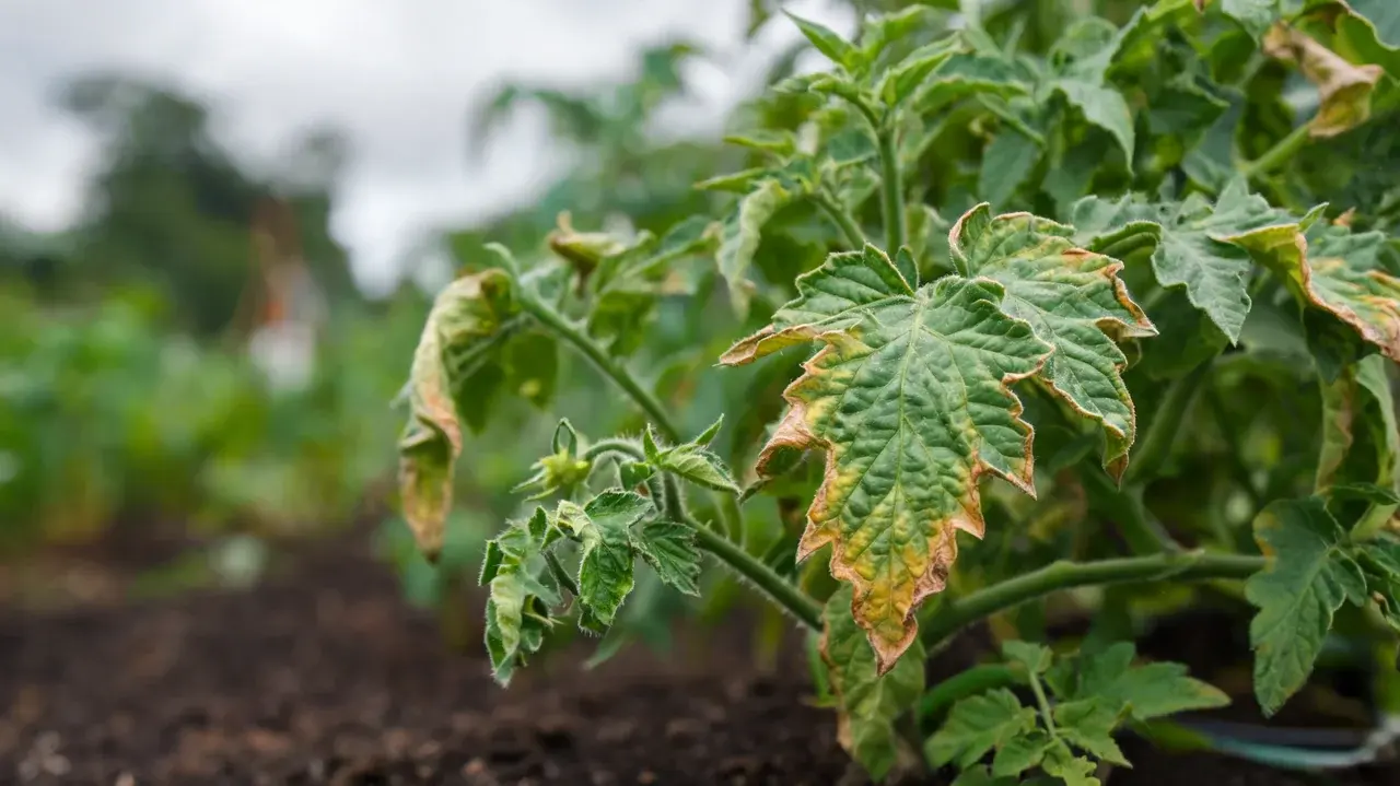 tomato leaves curling with yellowing scorched edges and distorted growth linked to nutrient deficiency