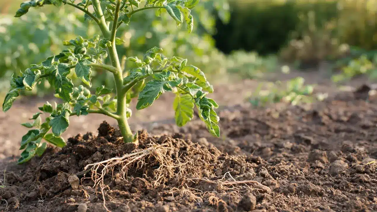tomato plant with curled leaves and disturbed soil near the stem showing possible root damage