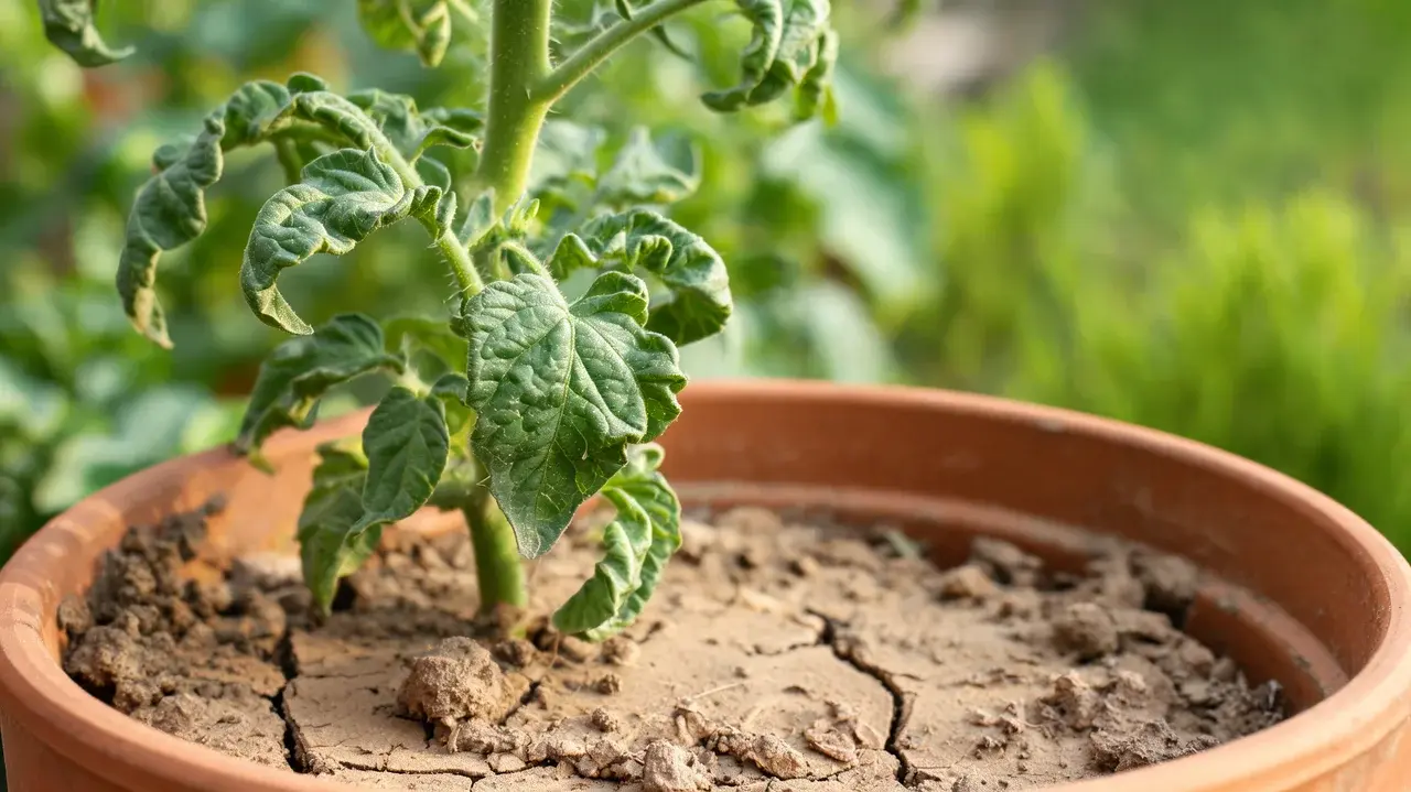 tomato plant with curled leaves growing in dry soil caused by underwatering and uneven moisture