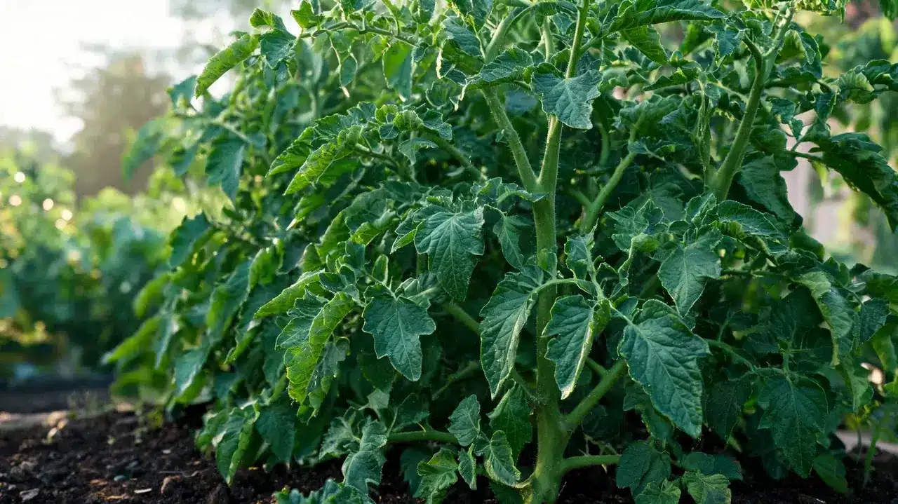 tomato plant with thick dark green curled leaves and excessive leafy growth caused by too much nitrogen