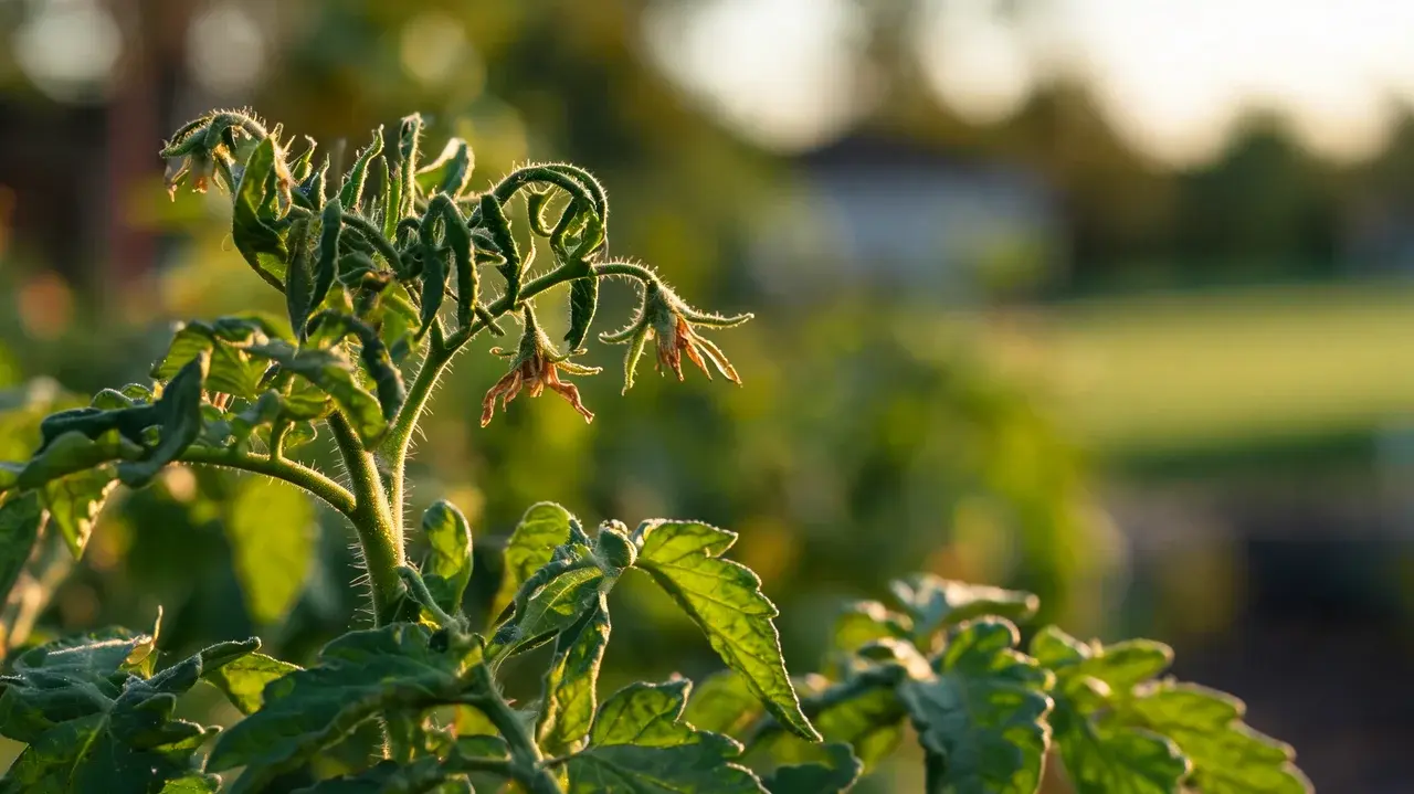 tomato plant with twisted stems misshapen new leaves and downward curling caused by herbicide damage
