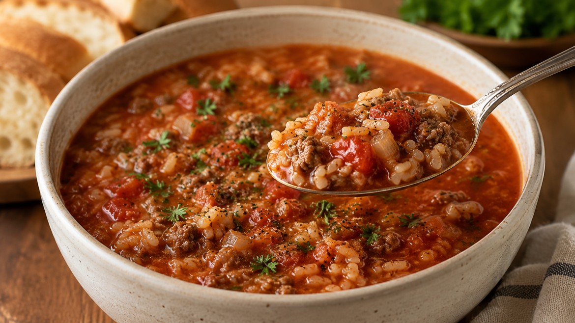 winter cabbage roll soup with herbs and spoon lifting a hearty bite from the warm bowl