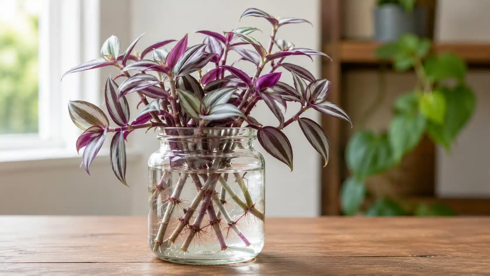 tradescantia zebrina cuttings with striped purple leaves rooted in a clear glass jar of water