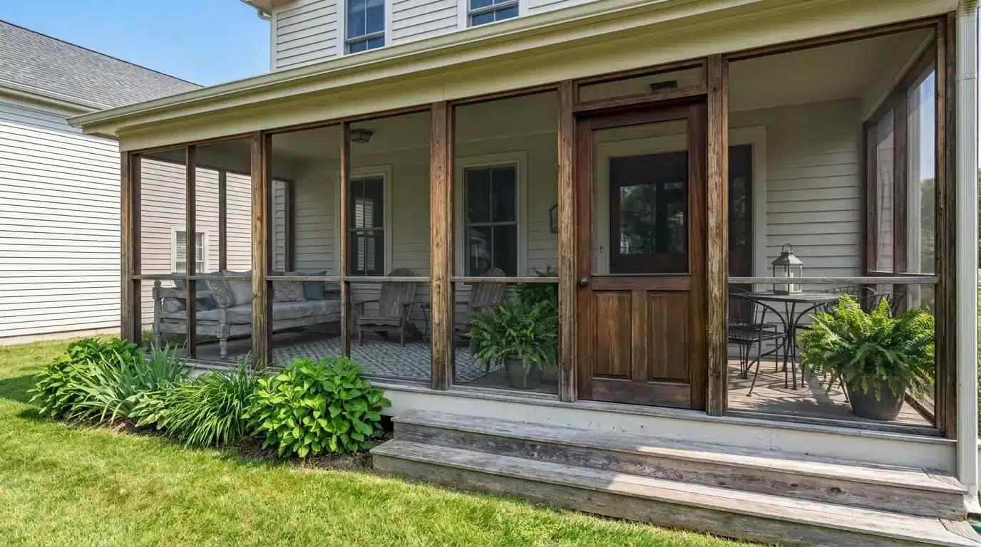 screened porch with cushioned seating dining table ferns and outdoor rug