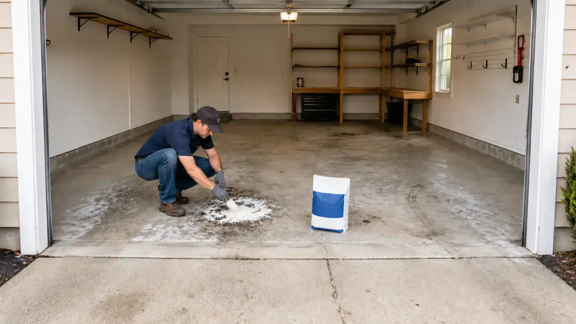 man crouching in a garage spreading white absorbent powder on a dark floor spill beside a plain sack