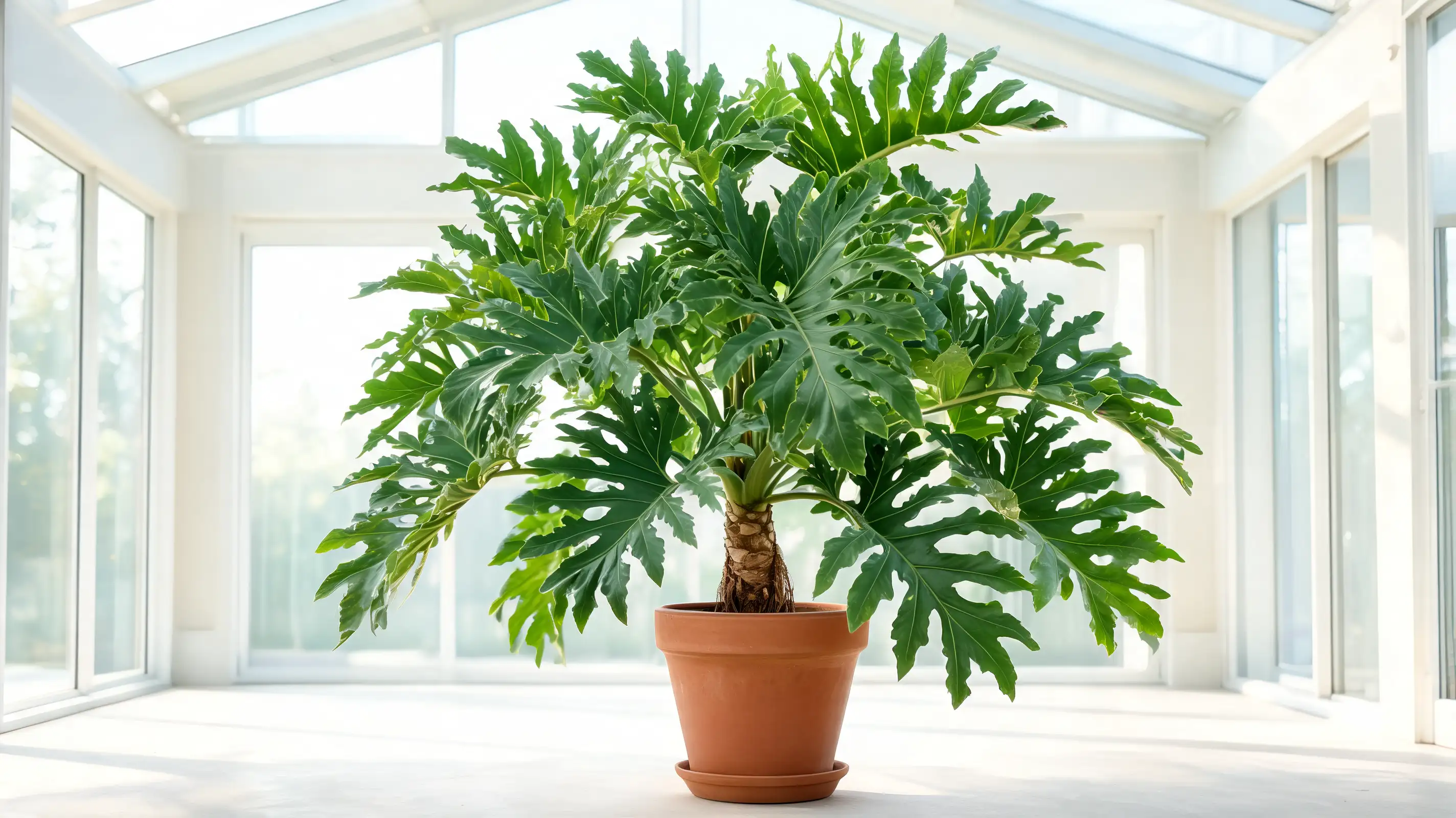 tree philodendron with very large deeply cut green leaves rising from a thick woody base indoors