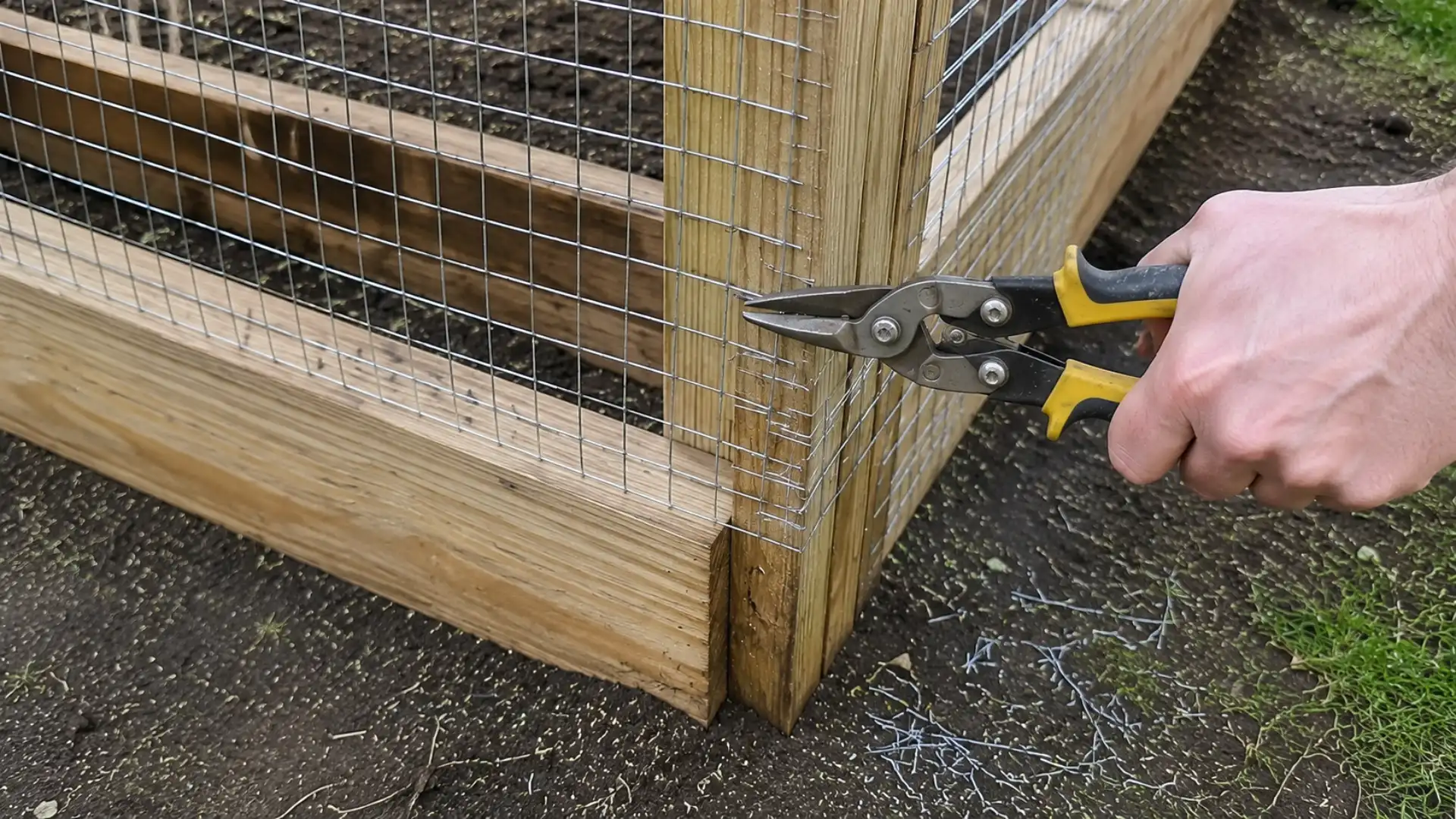 tin snips trimming excess wire mesh at a garden fence corner post