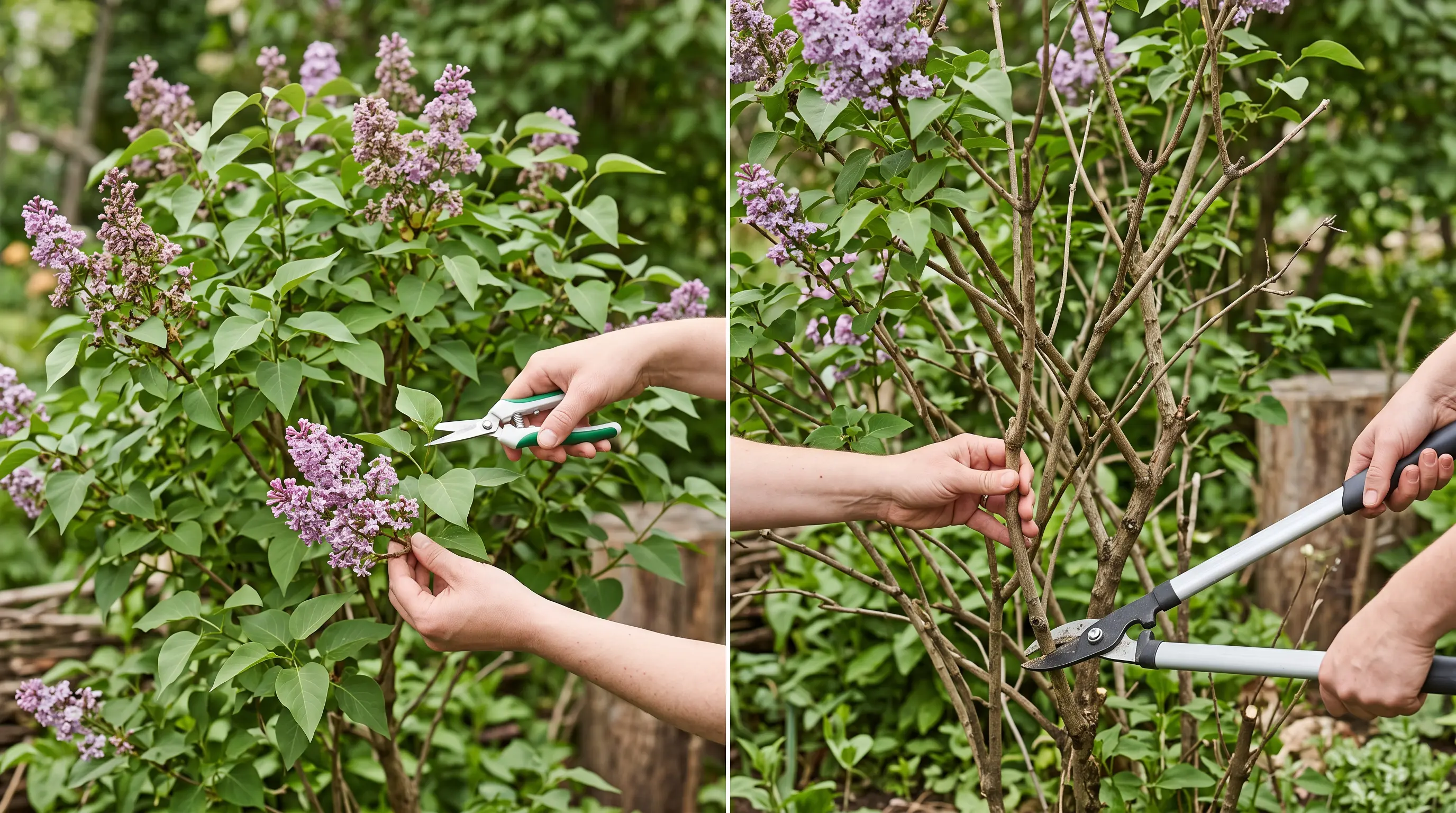 split view shows small shears trimming lilac flowers and long handled loppers cutting thick bare branches