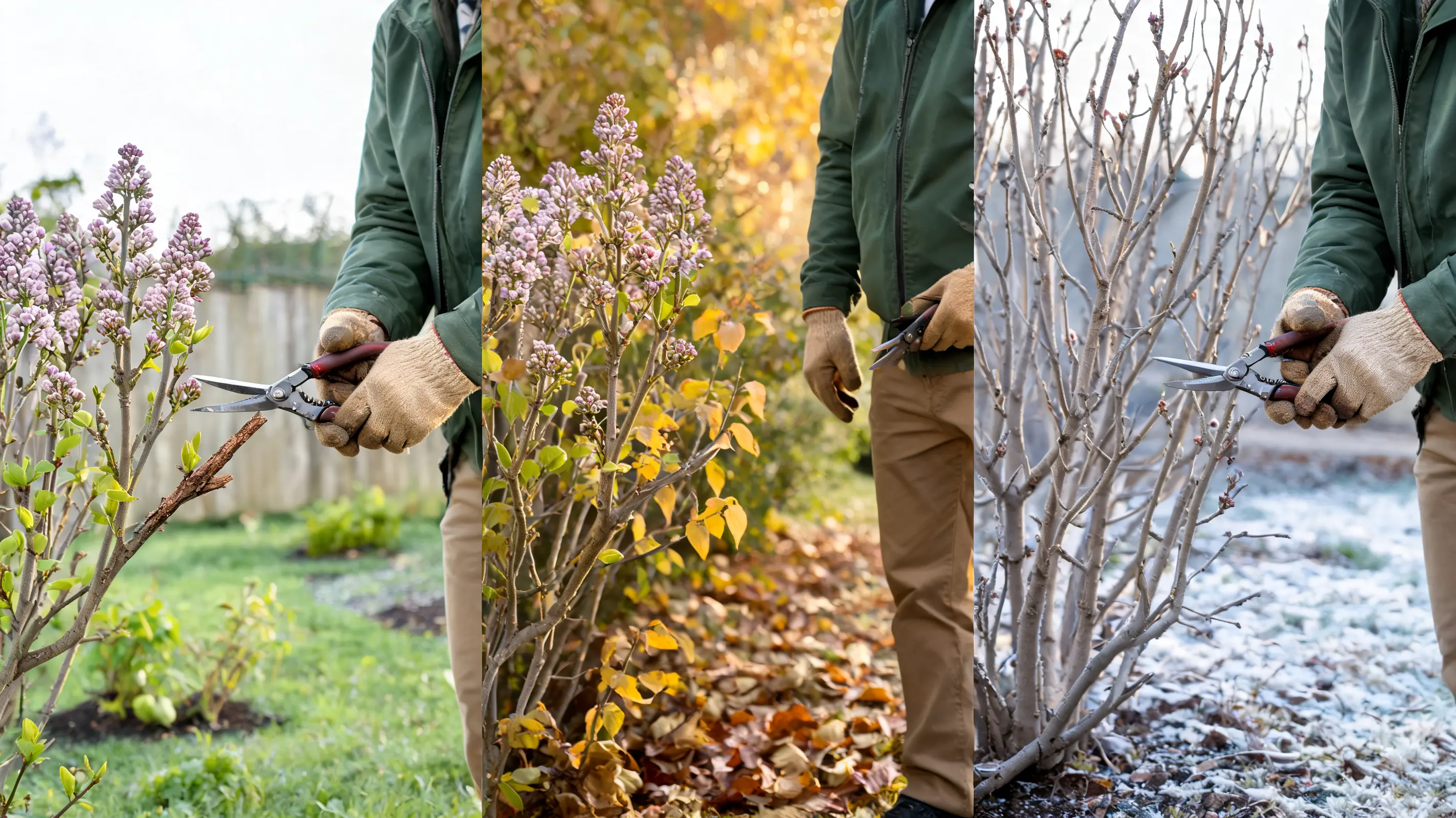 lilac shrub in spring, fall, and winter, with only dead or damaged branches being trimmed.