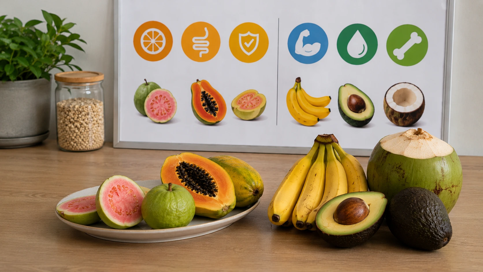 tropical fruits arranged beside a nutrition chart showing whole fruit vitamins fiber and potassium cues