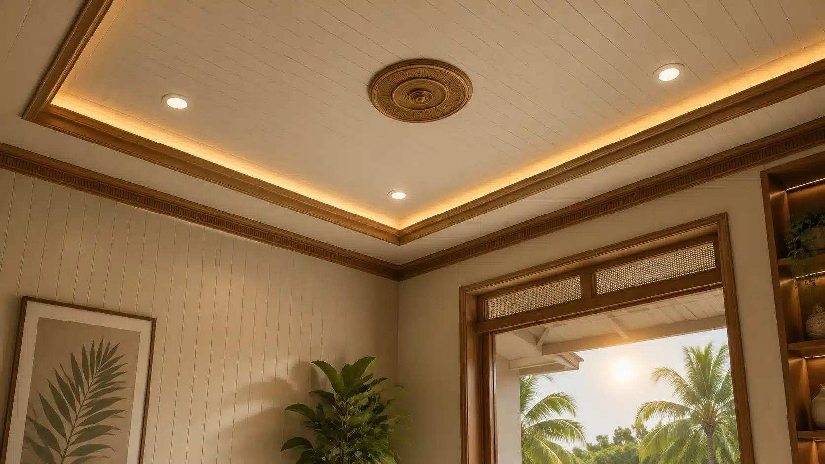 tropical interior with pvc panel ceiling design wooden trim lighting and outdoor greenery view through doorway