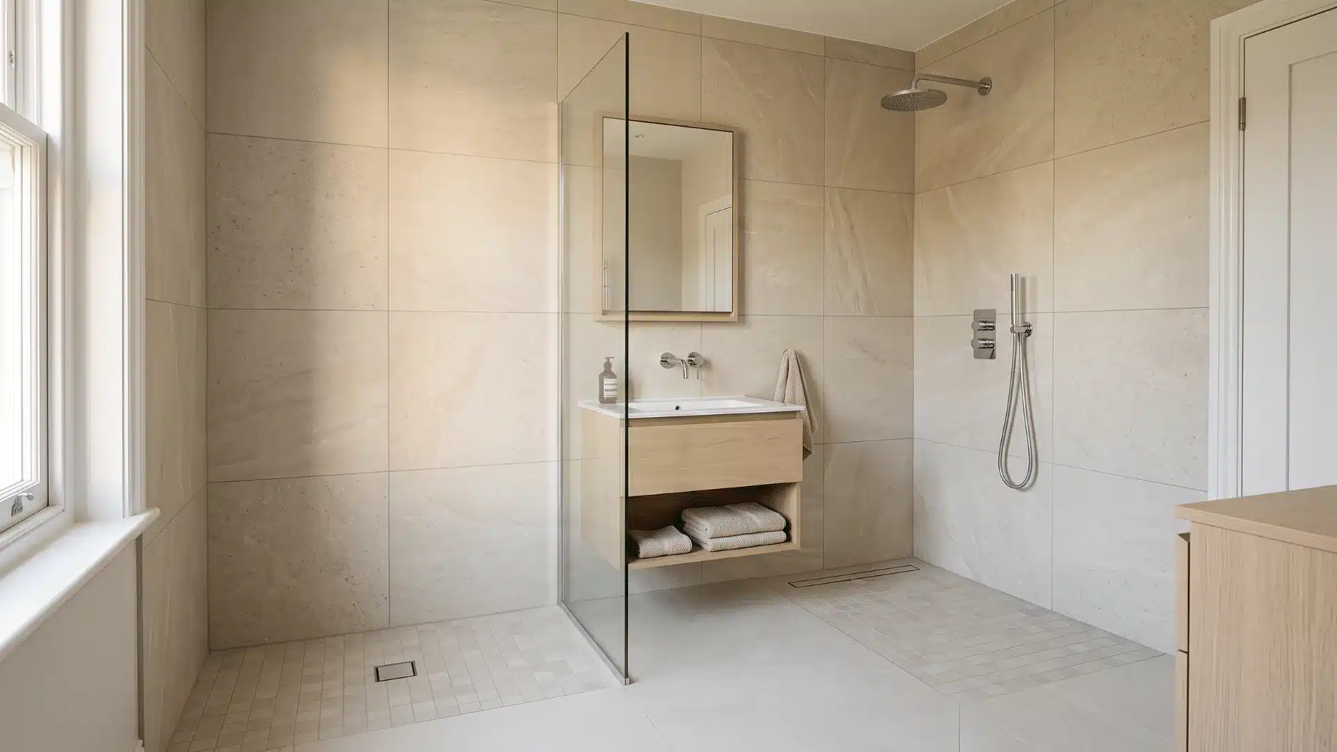corner doorless shower with glass divider, rain head, and pale oak vanity