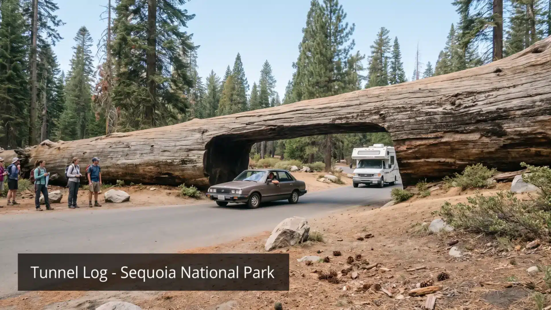 car driving through tunnel log, a fallen giant sequoia spanning crescent meadow road in sequoia park