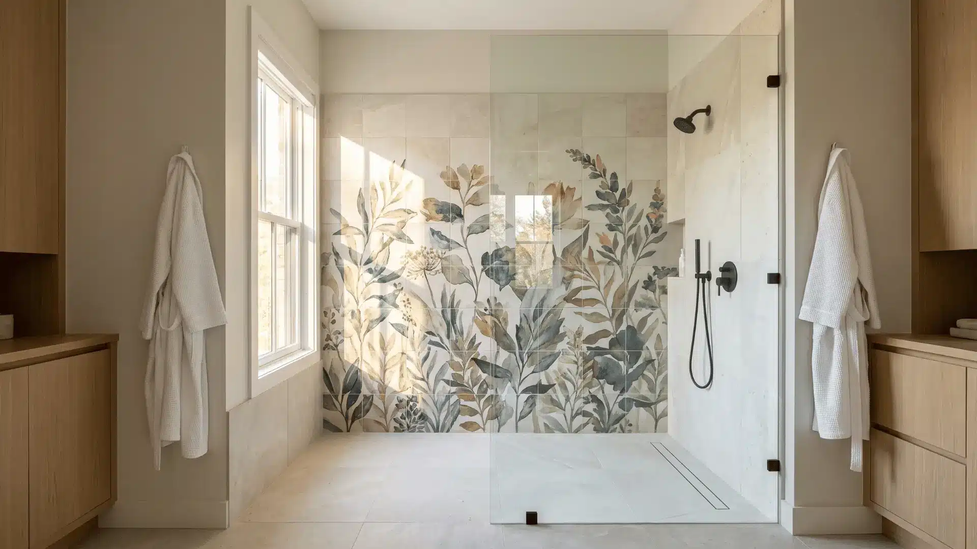 doorless shower with botanical tile mural and black fixtures