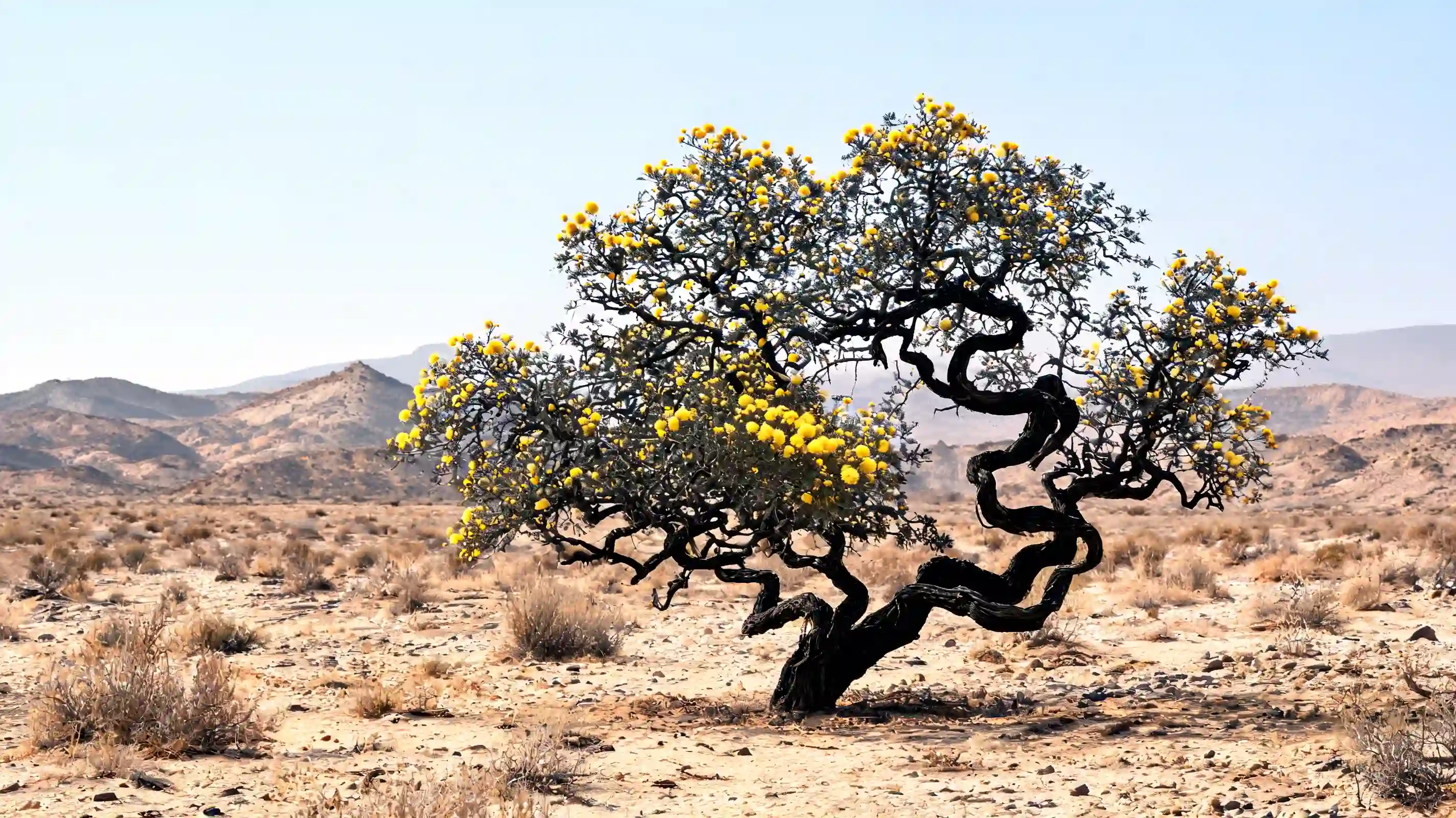 twisted acacia with dark rugged branches tiny leaves and yellow flowers in a natural desert setting