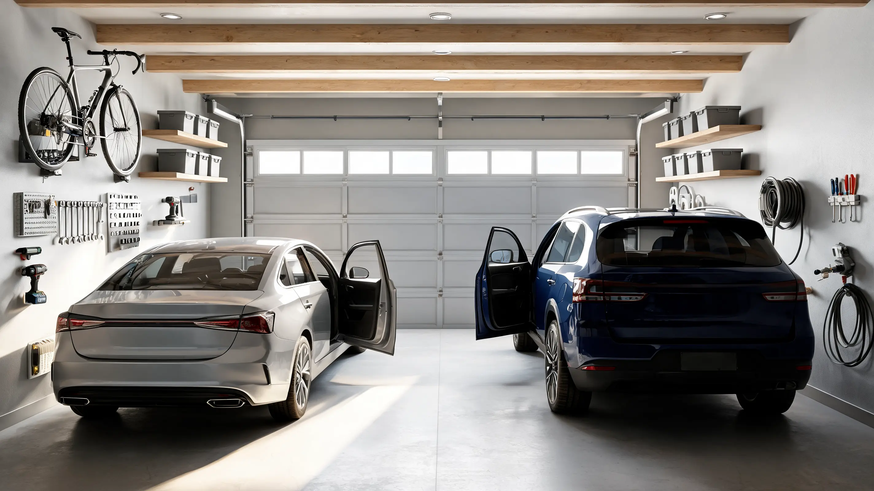 sedan and suv parked inside a modern two car garage with open doors bikes shelves and wall storage