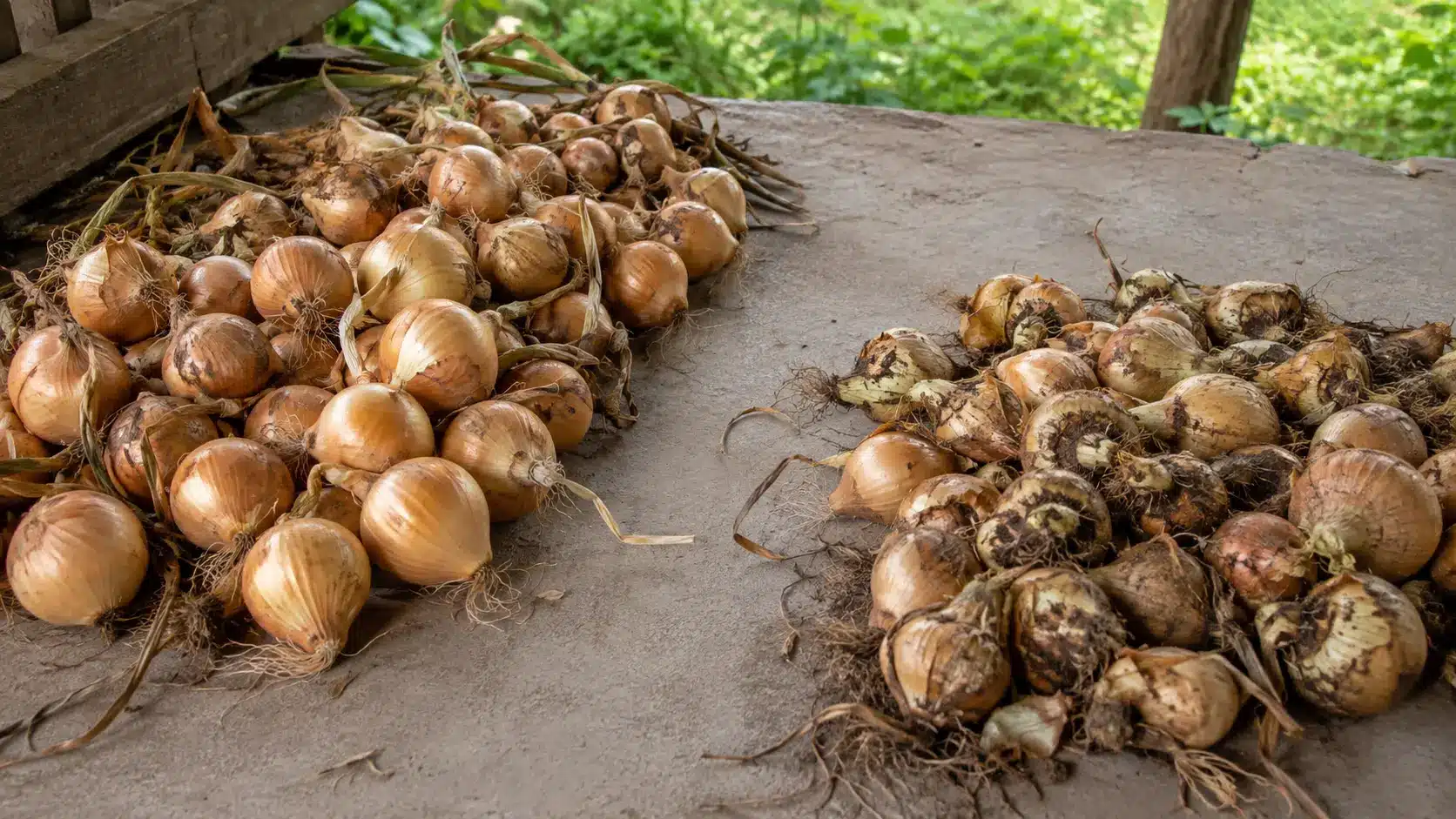two piles of freshly harvested onions drying on a table beneath a rustic garden shelter outdoors