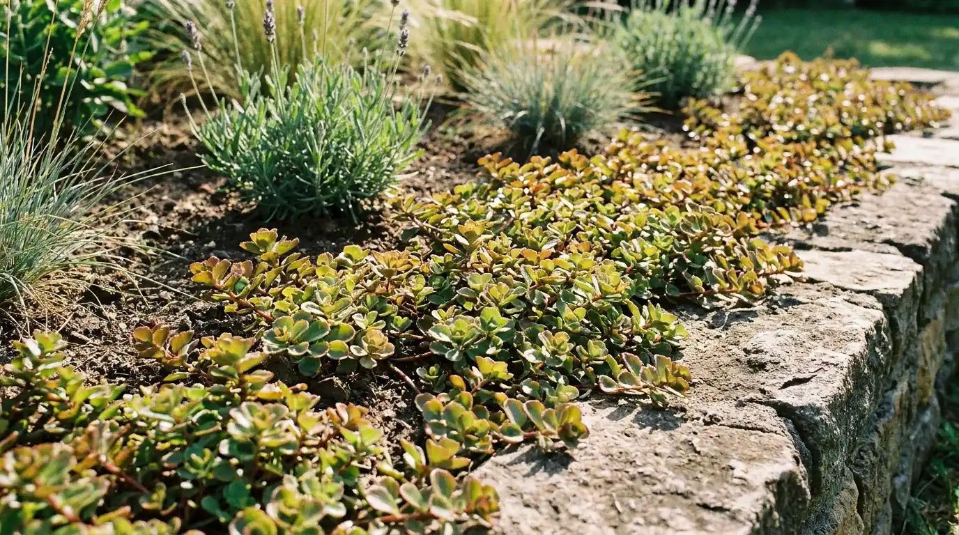 two-row stonecrop spreading along a stone border with bronze-green leaves in a sunny garden bed