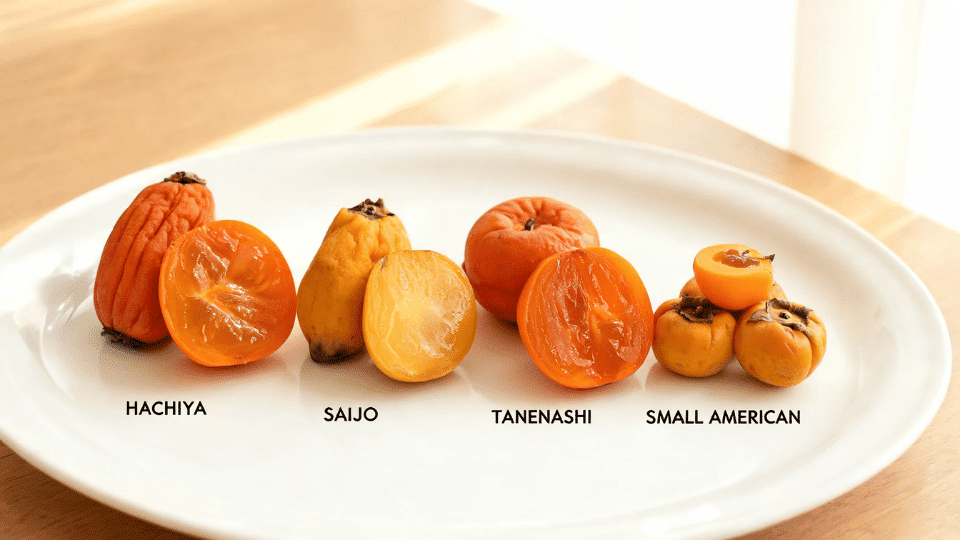 soft ripe astringent types of persimmons with wrinkled skin and jelly-like flesh on a plate