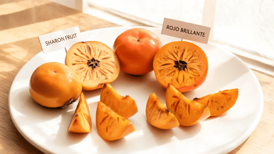 specialty types of persimmons with orange skin, brown flesh, seeds, and golden slices on a plate